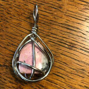 Natural Wire Wrapped Stone Necklace Pendant Rhodonite Stone